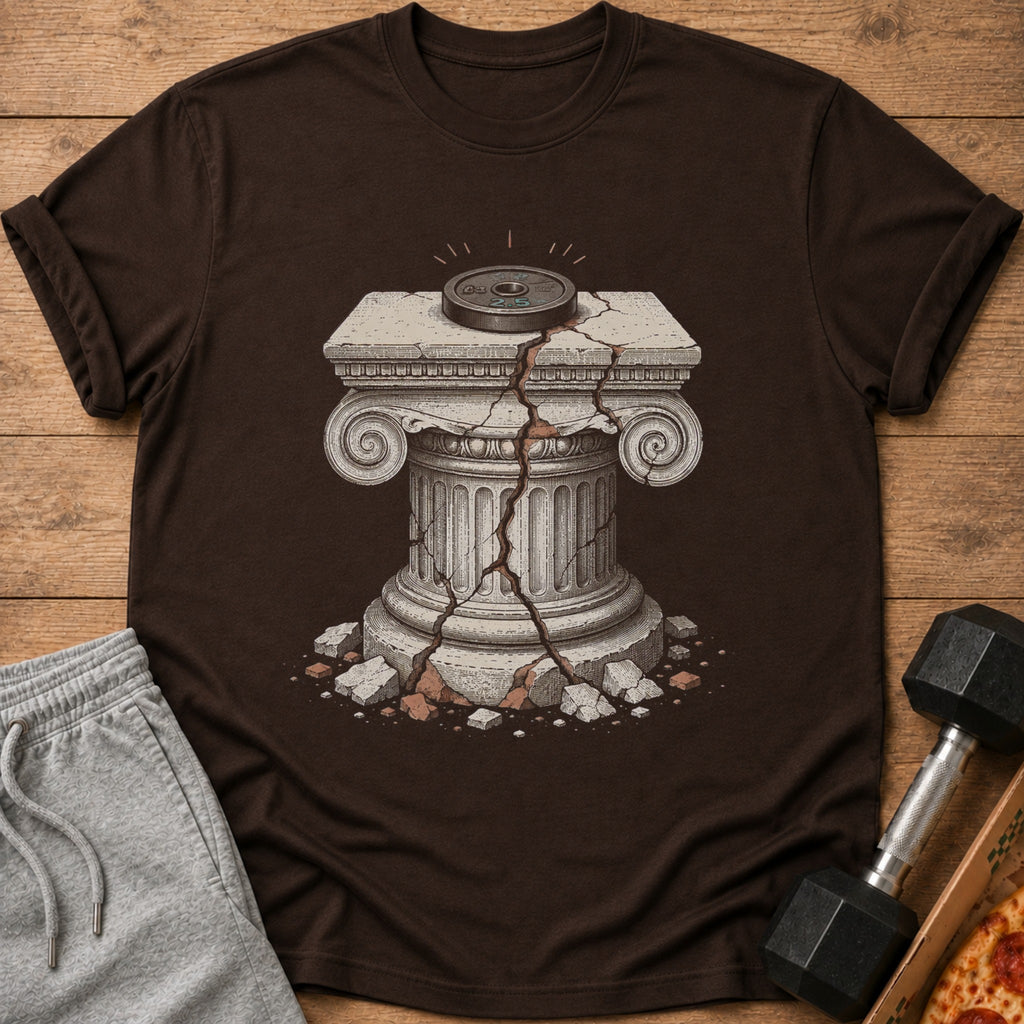 Cracked stone column with weight plate, part of workout clothing mockup.