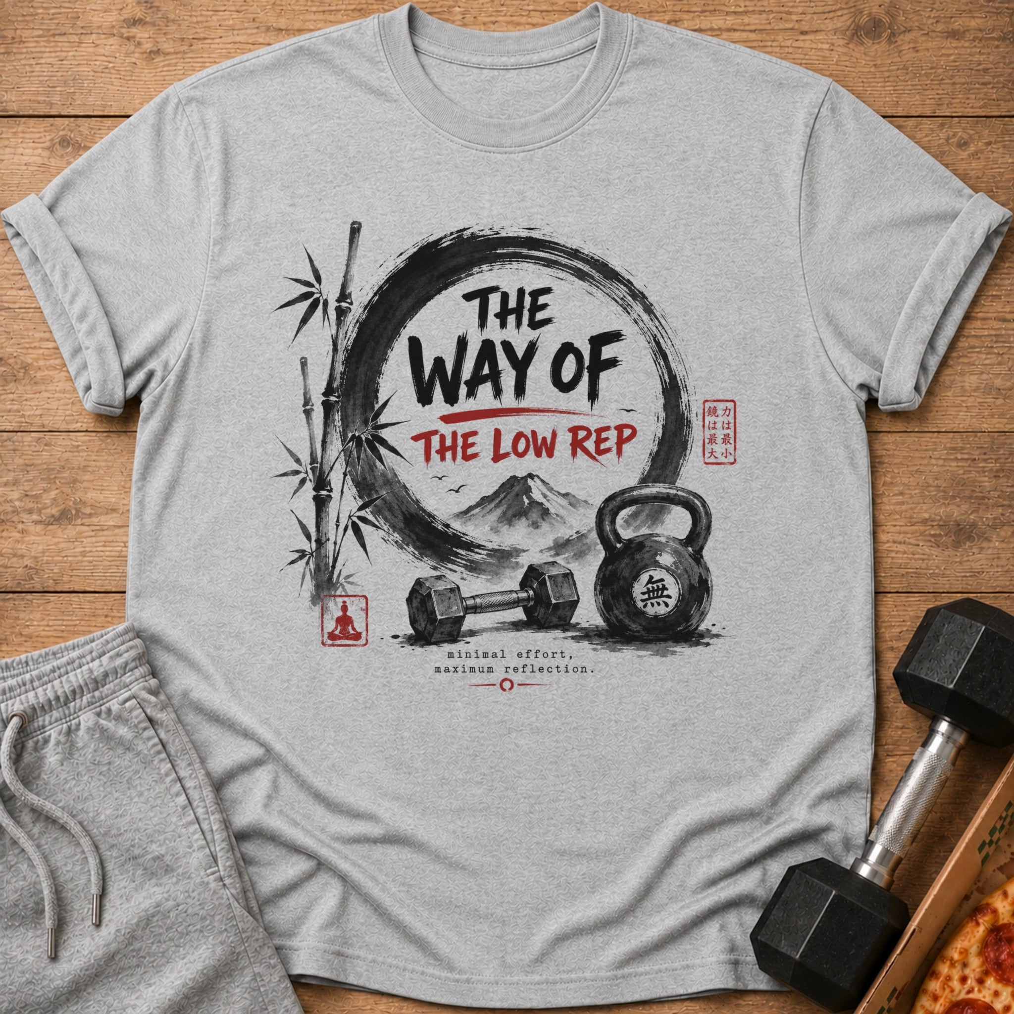 T-shirt with "THE WAY OF THE LOW REP" text, kettlebell, dumbbell, and bamboo.