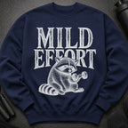 Navy sweatshirt with distressed text "MILD EFFORT" and a raccoon lifting a dumbbell.