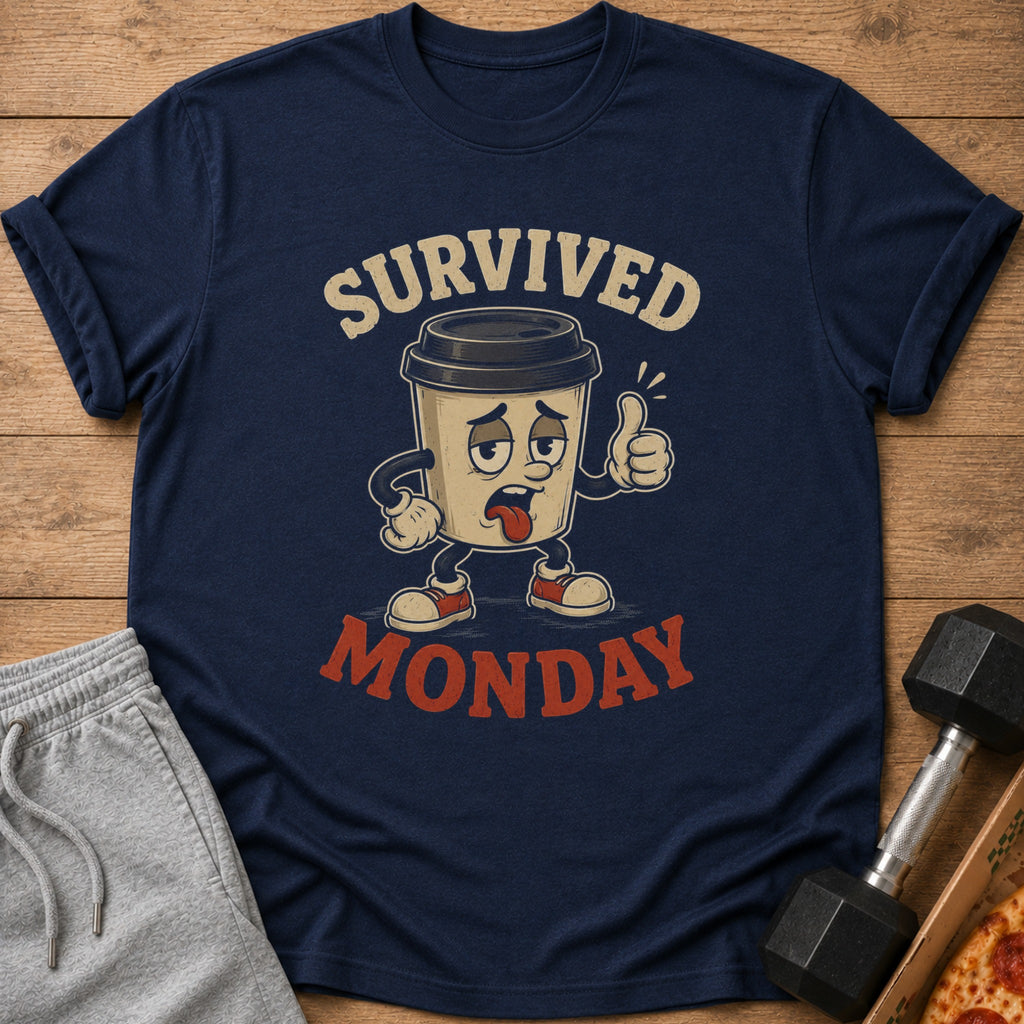Navy t-shirt with cartoon coffee cup that says "Survived Monday"
