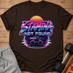 Brown t-shirt with "Stamina Not Found Loading" retro graphic.