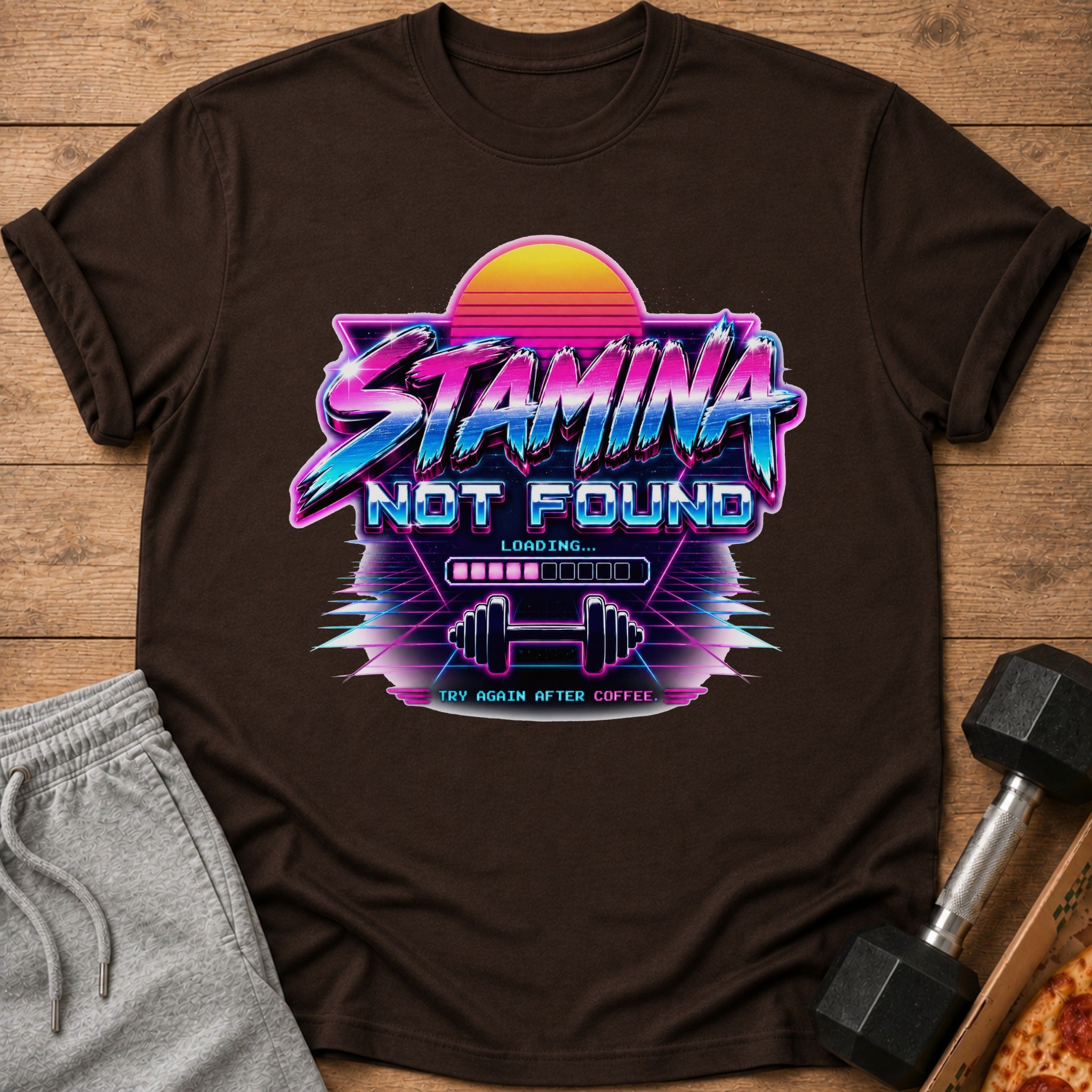 Brown t-shirt with "Stamina Not Found Loading" retro graphic.