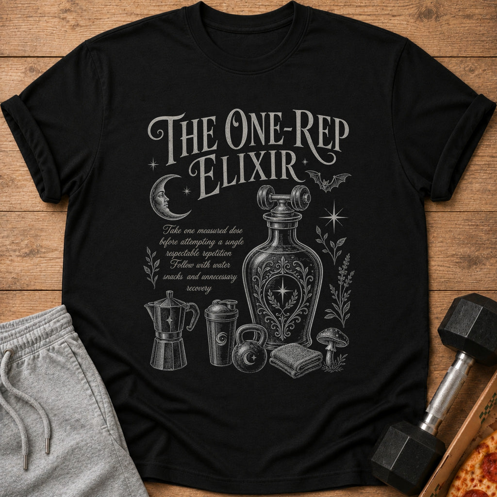 Black t-shirt with "The One-Rep Elixir" text and fitness-themed graphic.