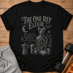 Black t-shirt with "The One-Rep Elixir" text and fitness-themed graphic.