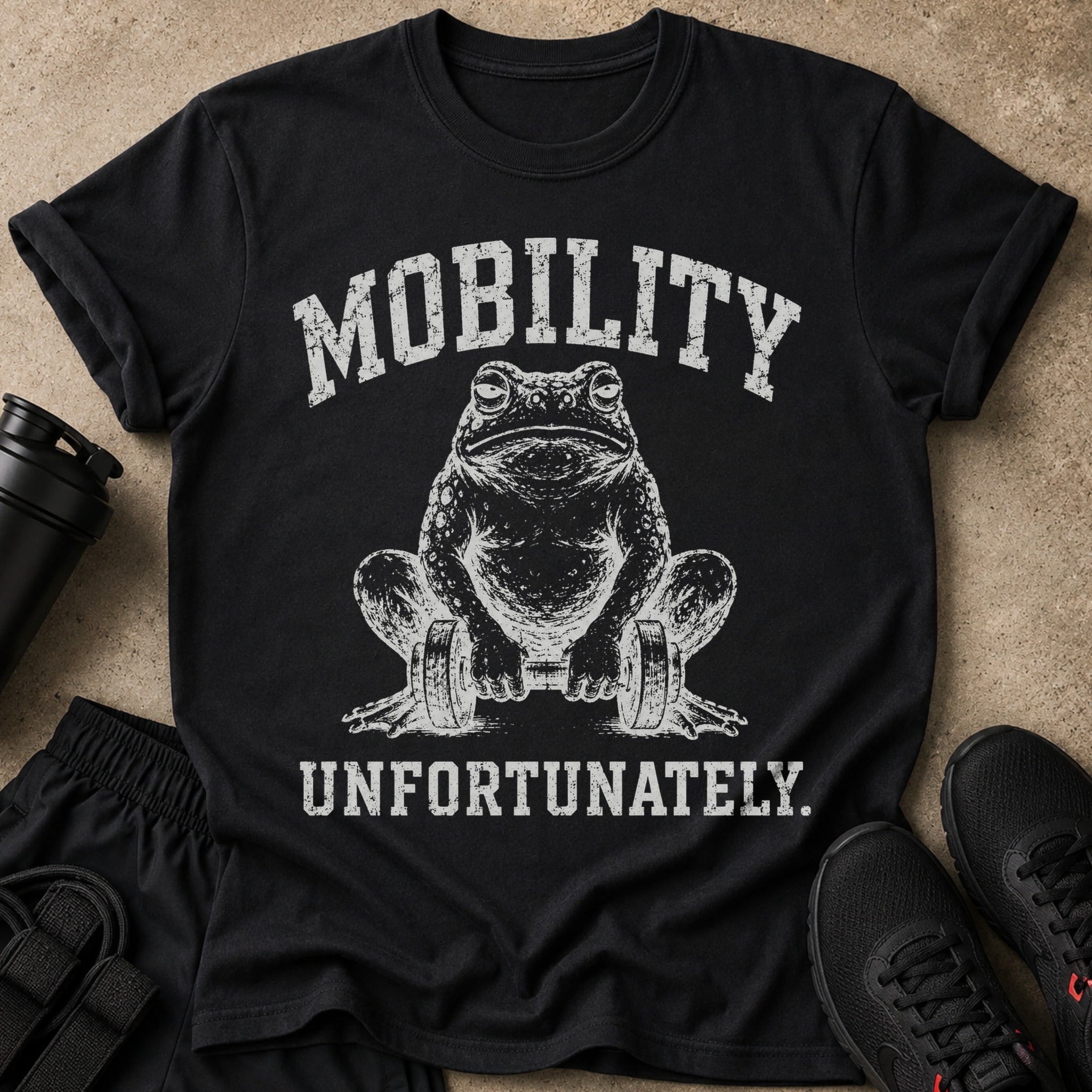 Black t-shirt with distressed print of a frog holding dumbbells and text "MOBILITY UNFORTUNATELY."