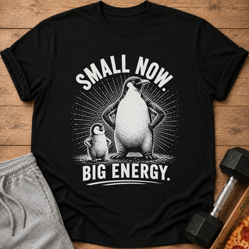 Black t-shirt with a graphic of a large and small penguin with text "SMALL NOW. BIG ENERGY."