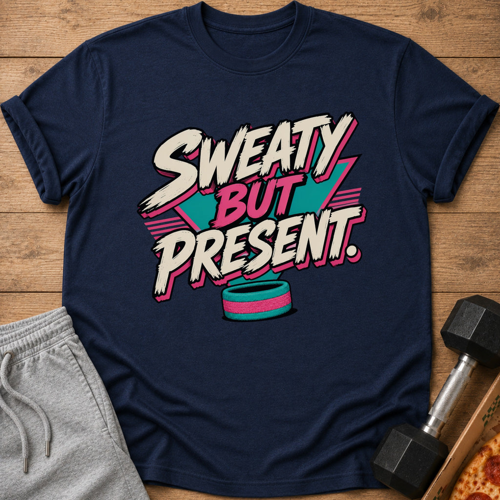 Navy t-shirt with "SWEATY BUT PRESENT" text and a retro aesthetic.