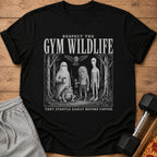 Black t-shirt with "Respect the Gym Wildlife" and creatures in a forest.