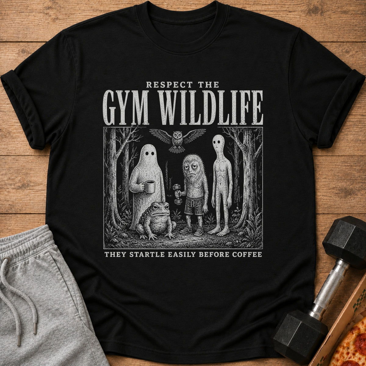 Black t-shirt with "Respect the Gym Wildlife" and creatures in a forest.