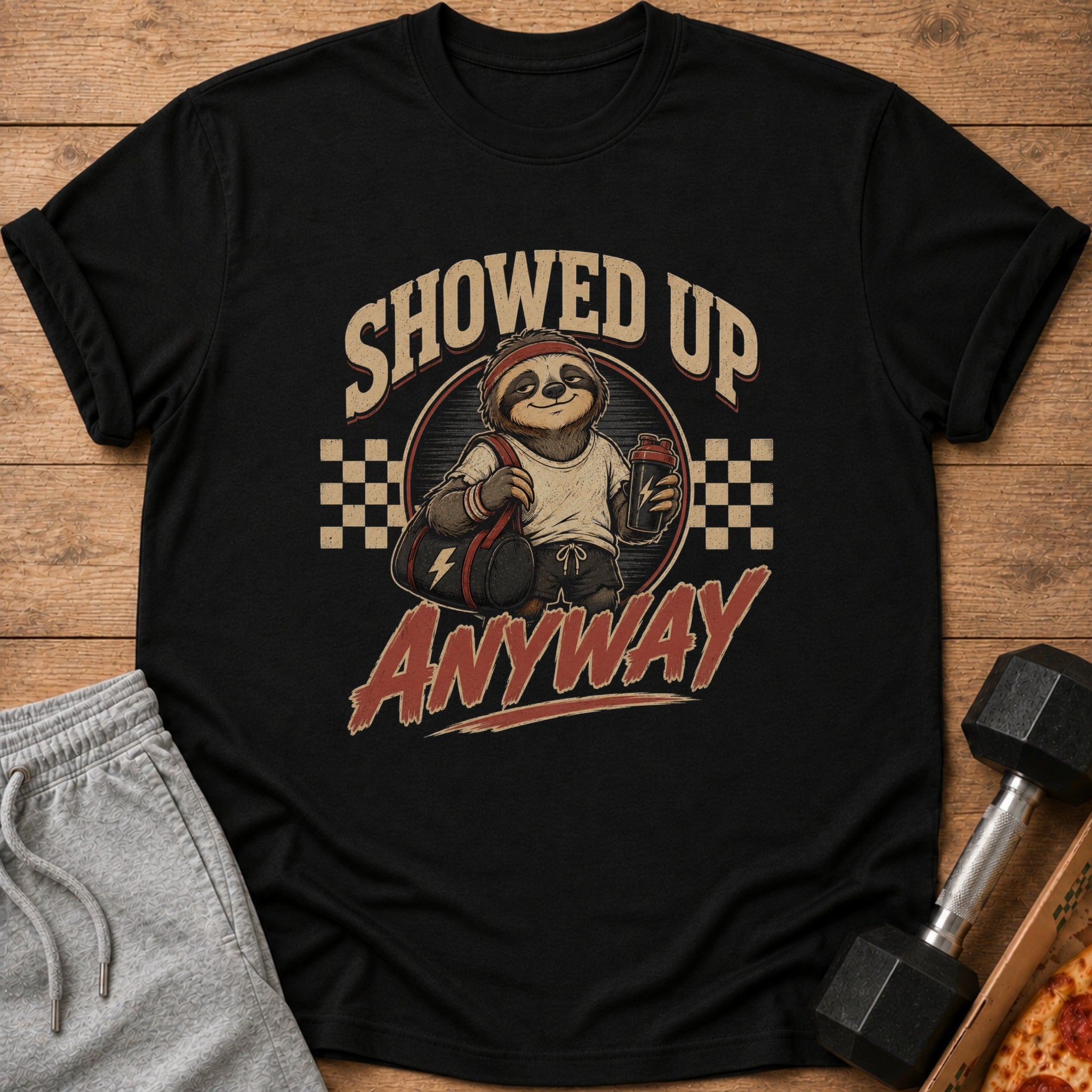 Black t-shirt with sloth graphic reading "SHOWED UP ANYWAY".