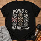 Black t-shirt with "Bows & BARBELLS" text and patterned dumbbells.