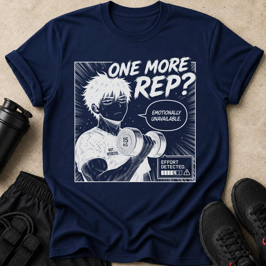 Navy t-shirt with manga art of a man lifting a 15 kg dumbbell.