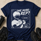 Navy t-shirt with manga art of a man lifting a 15 kg dumbbell.