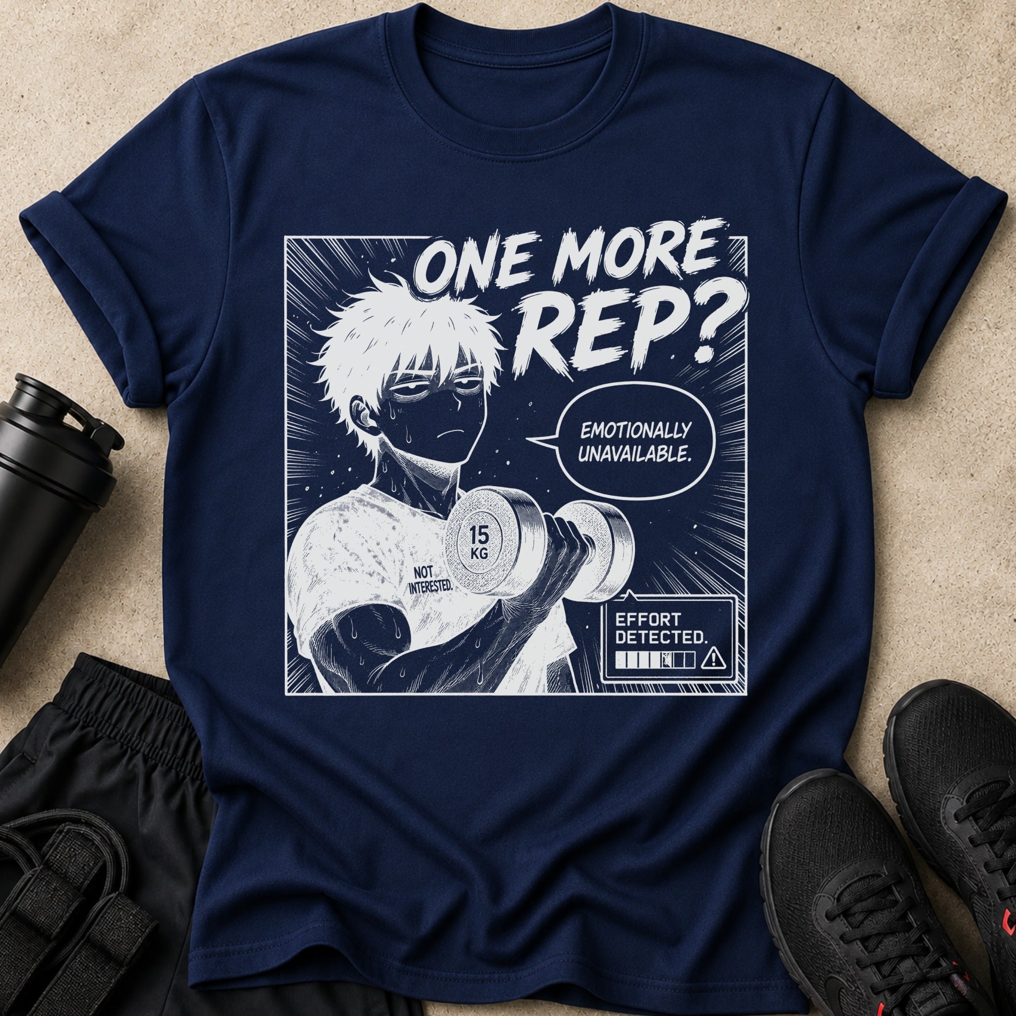 Navy t-shirt with manga art of a man lifting a 15 kg dumbbell.