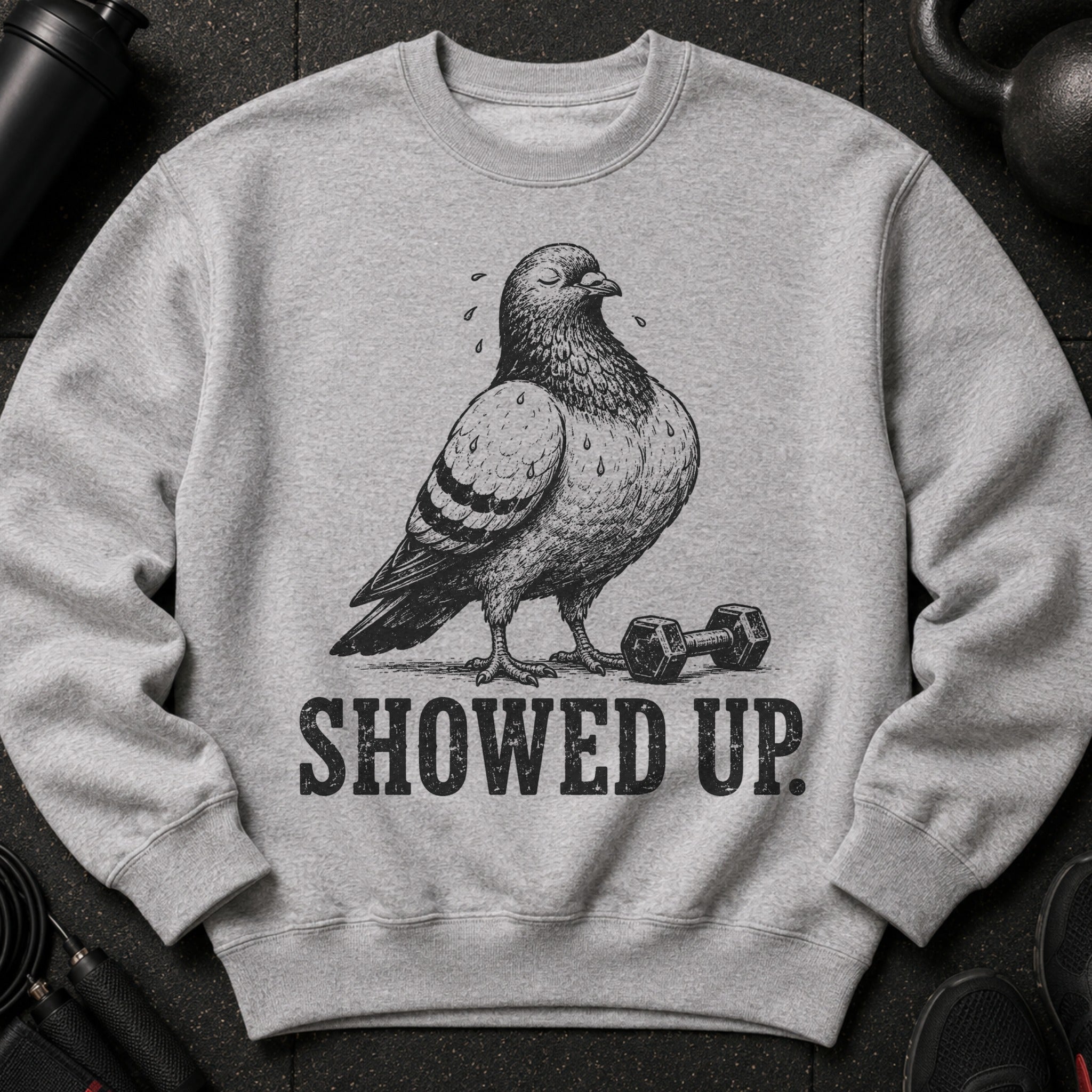 Sweatshirt with a cartoon pigeon and dumbbell graphic, text reads "SHOWED UP."