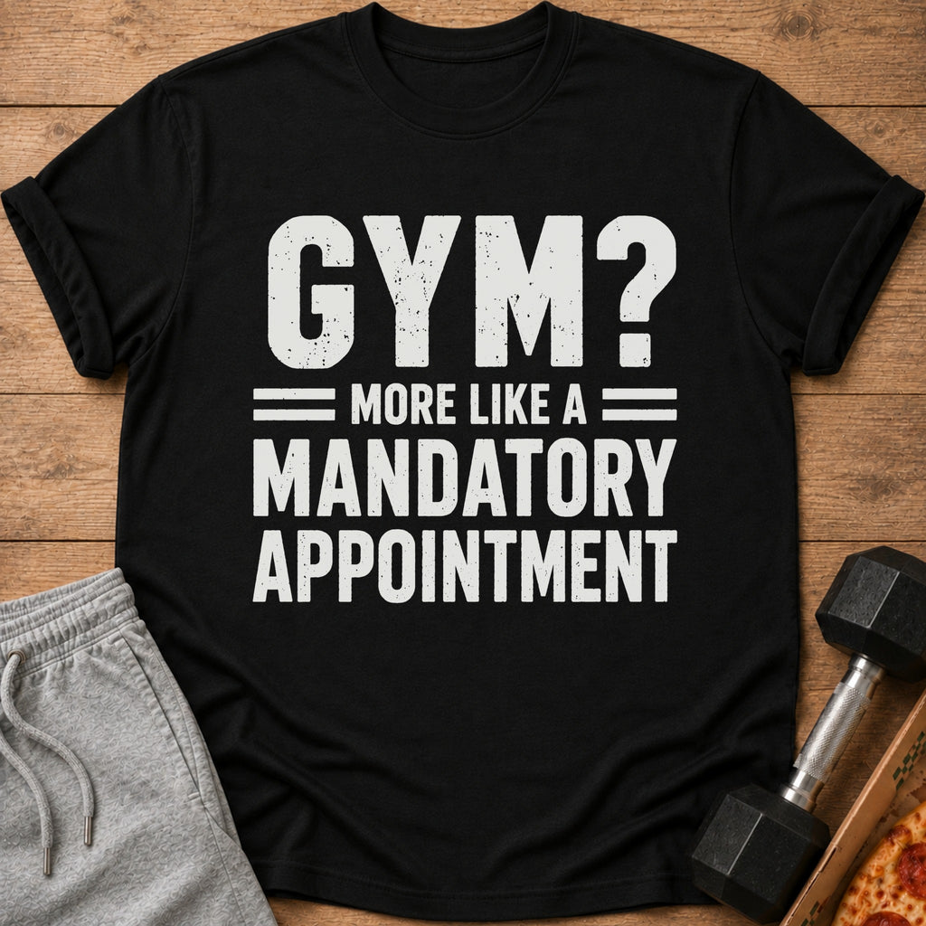 Black t-shirt with "Gym? More Like A Mandatory Appointment" graphic.
