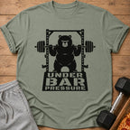 Black bear lifting barbell with text "UNDER BAR PRESSURE" on shirt.