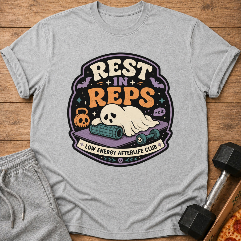 Gray t-shirt with a circular graphic of a ghost resting on a yoga mat.