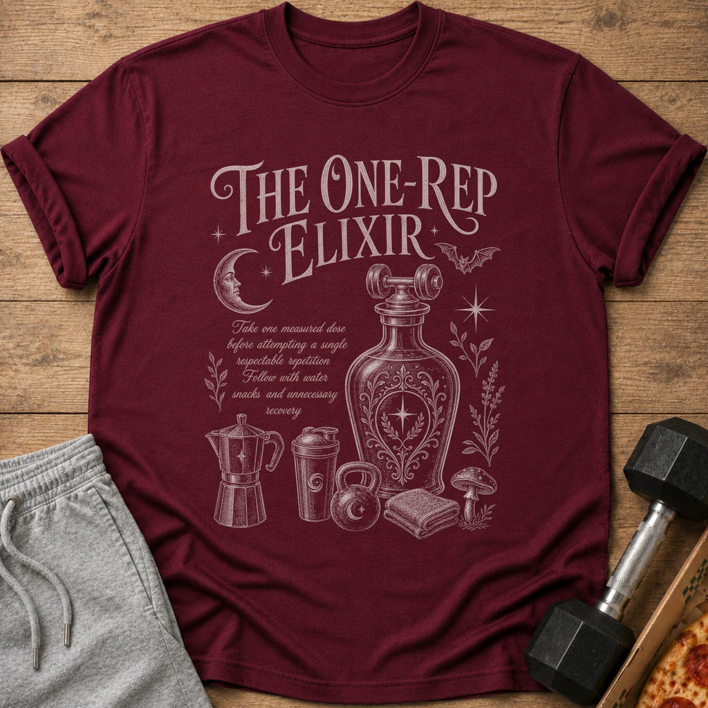 Maroon t-shirt with "The One-Rep Elixir" text and gym-themed graphics.