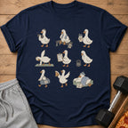 Nine cartoon ducks performing various fitness activities and resting on a navy blue t-shirt.