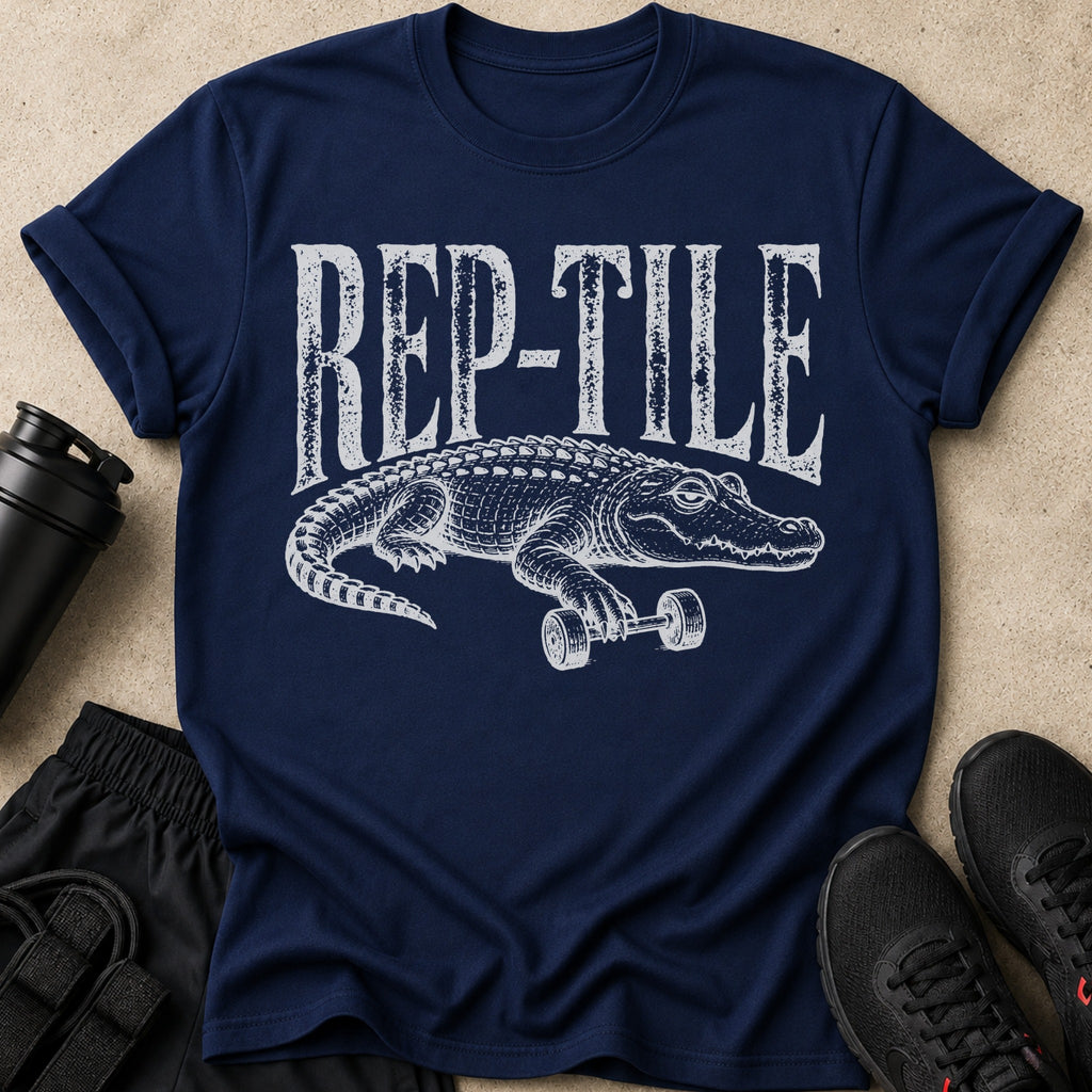 Navy t-shirt with white distressed text "REP-TILE" and an alligator holding a dumbbell.