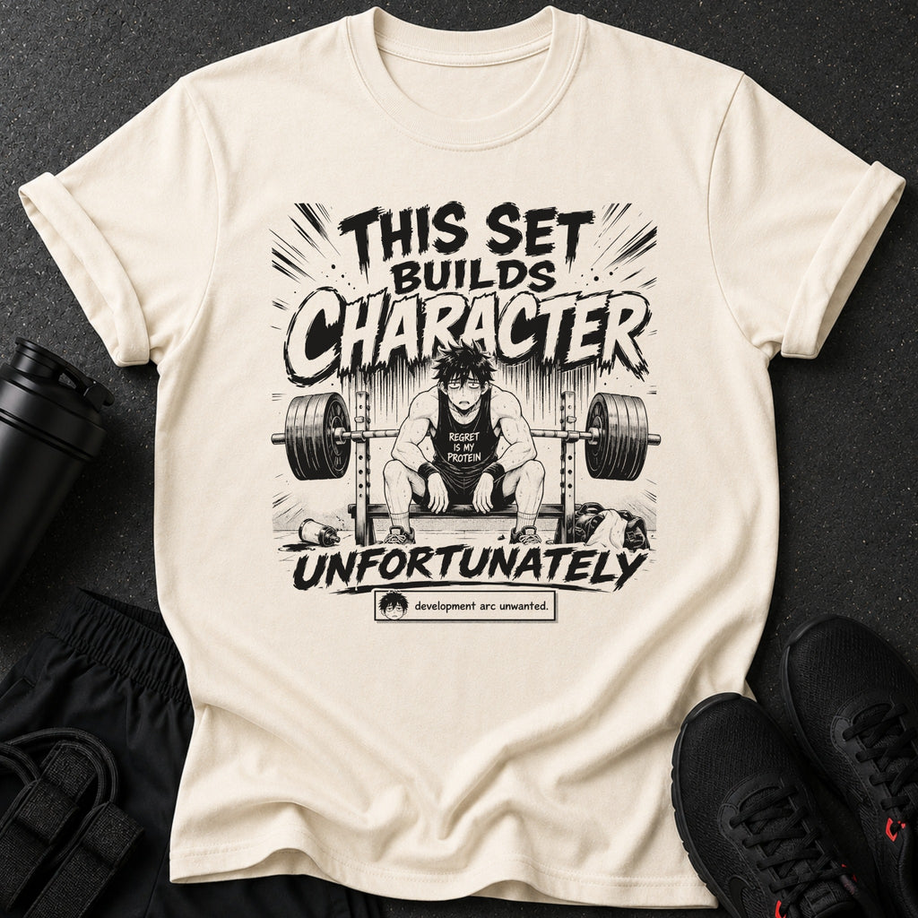 T-shirt with anime-style graphic of a man lifting weights with text "This set builds character".