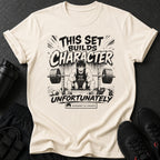 T-shirt with anime-style graphic of a man lifting weights with text "This set builds character".