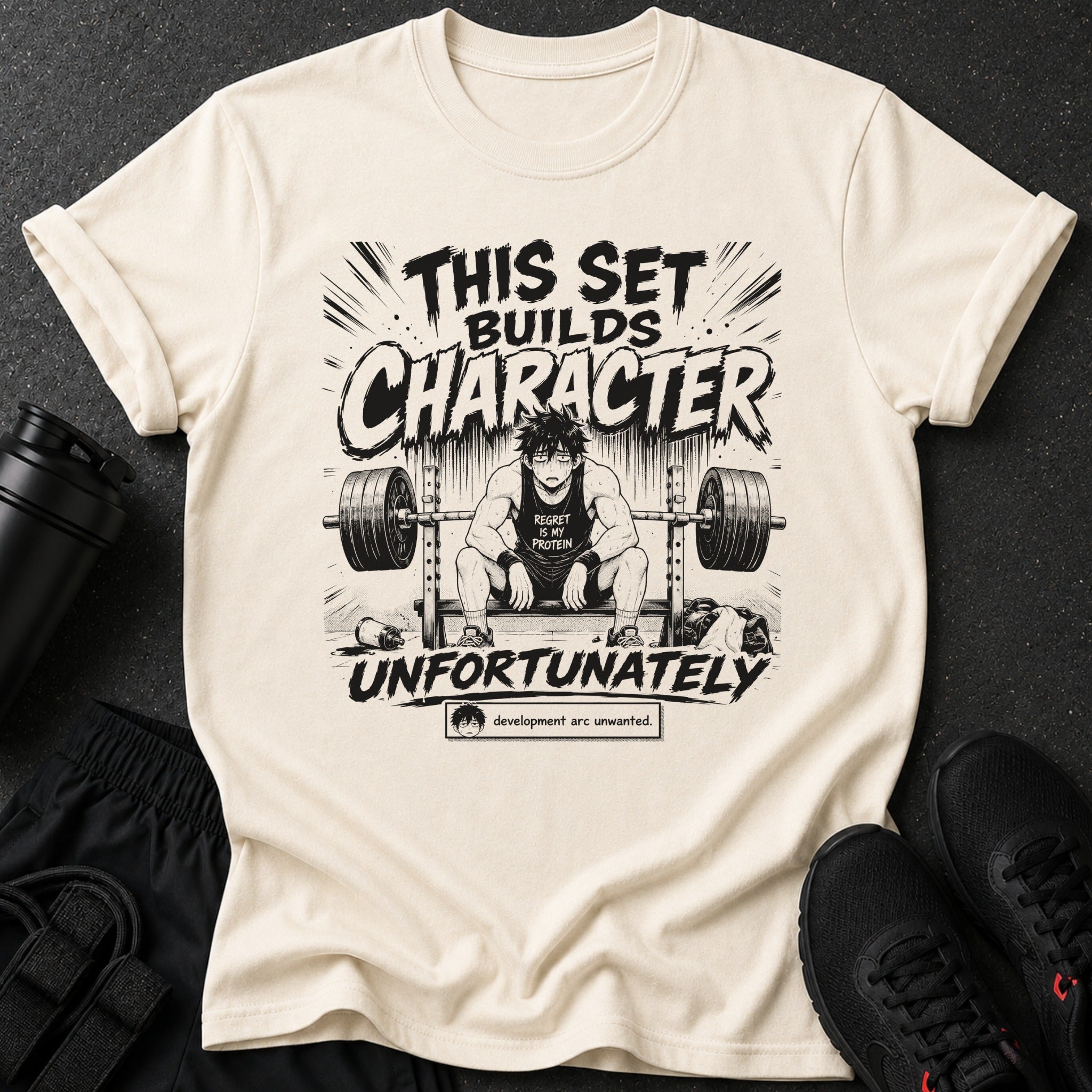 T-shirt with anime-style graphic of a man lifting weights with text "This set builds character".