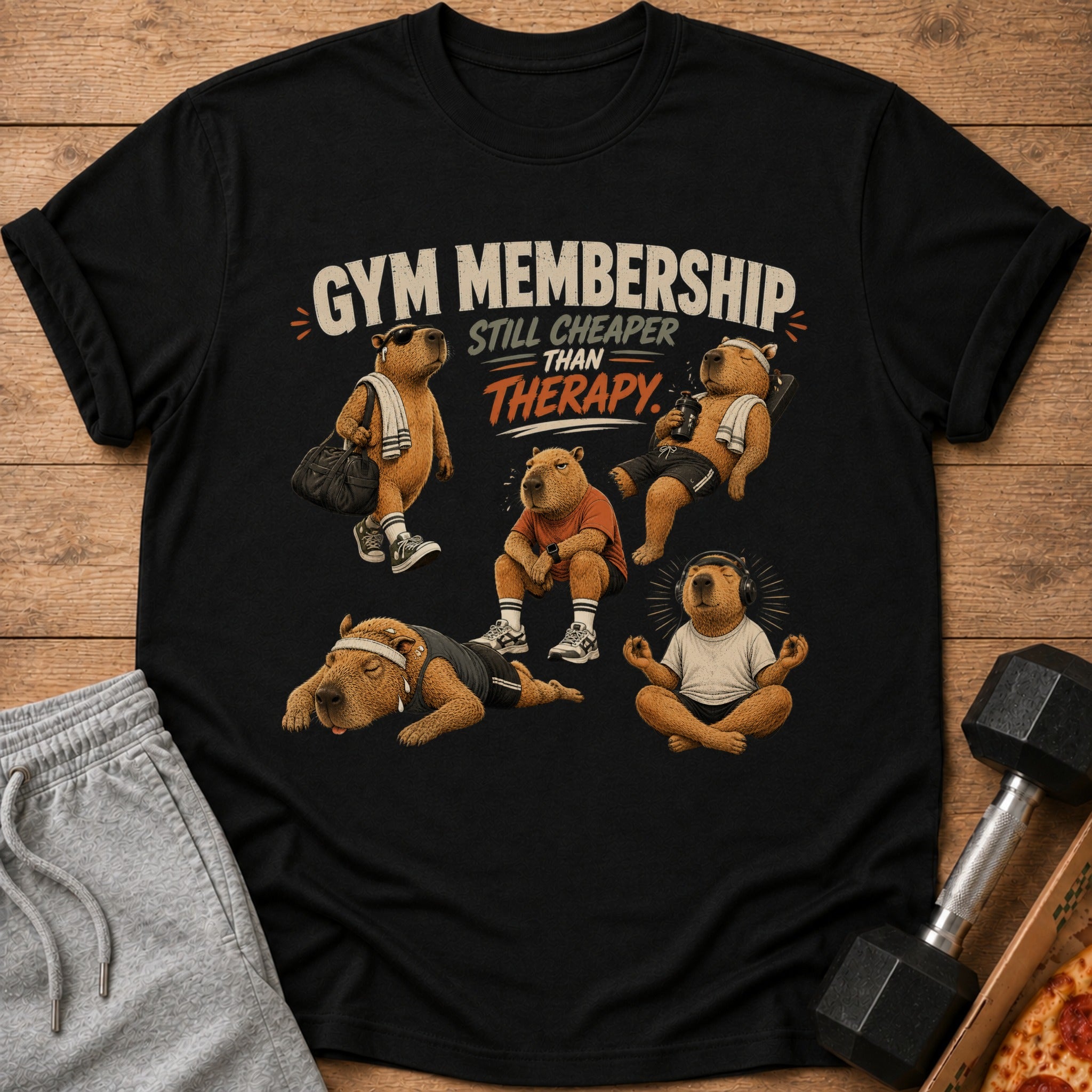 Black t-shirt with capybaras exercising and text "Gym Membership Still Cheaper Than Therapy".
