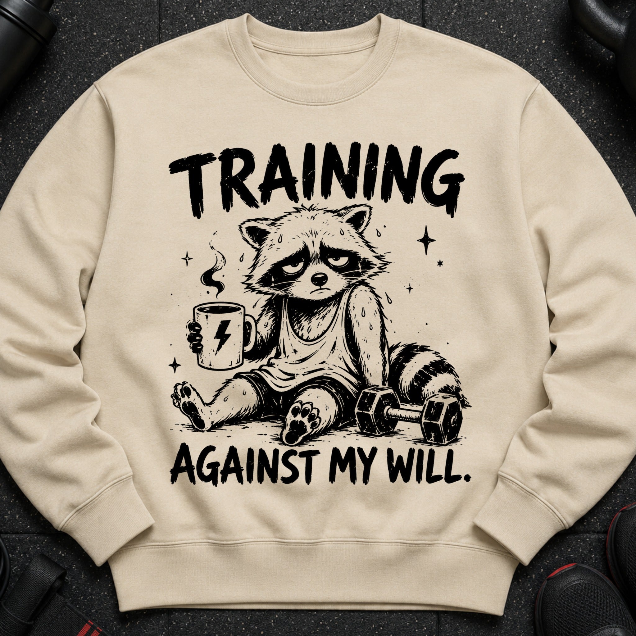 Sad raccoon in gym clothes holding coffee, "TRAINING AGAINST MY WILL." slogan.