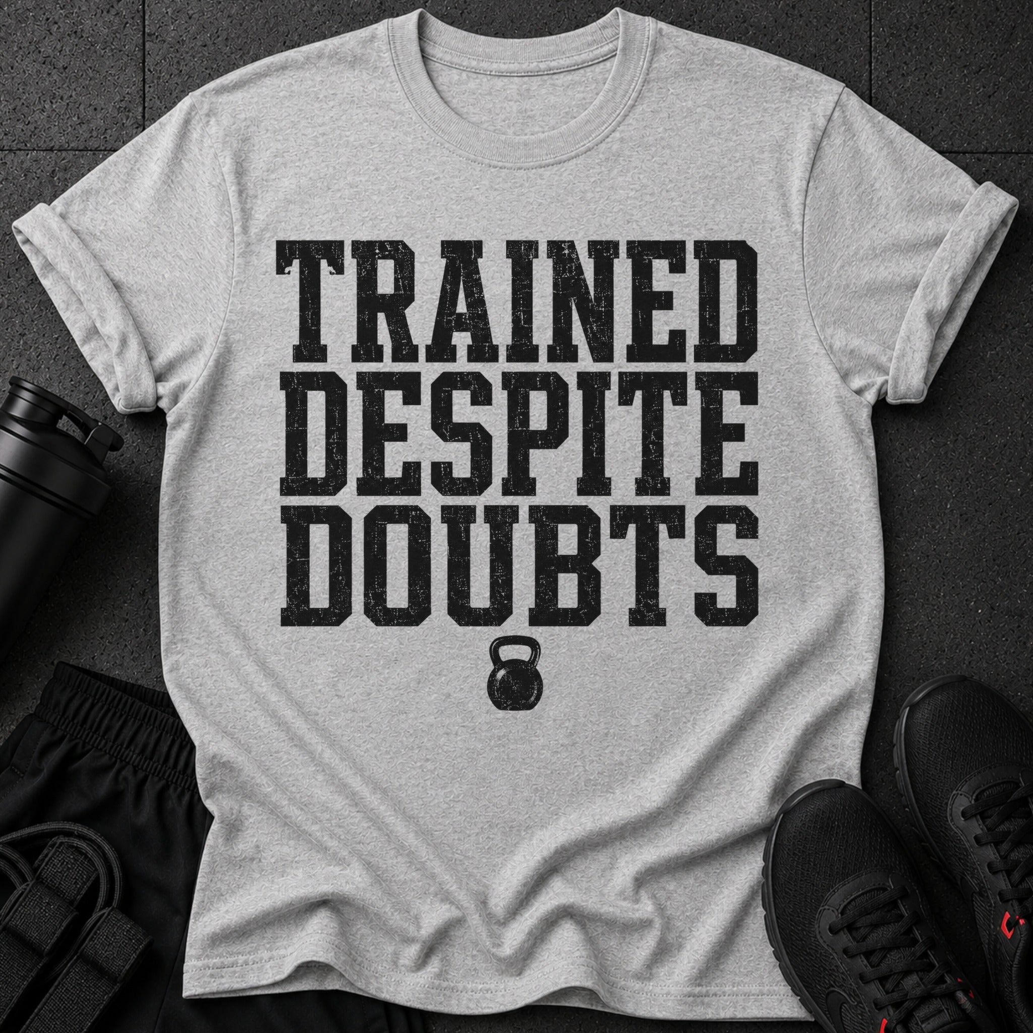 Grey t-shirt with black text "TRAINED DESPITE DOUBTS" and kettlebell graphic.