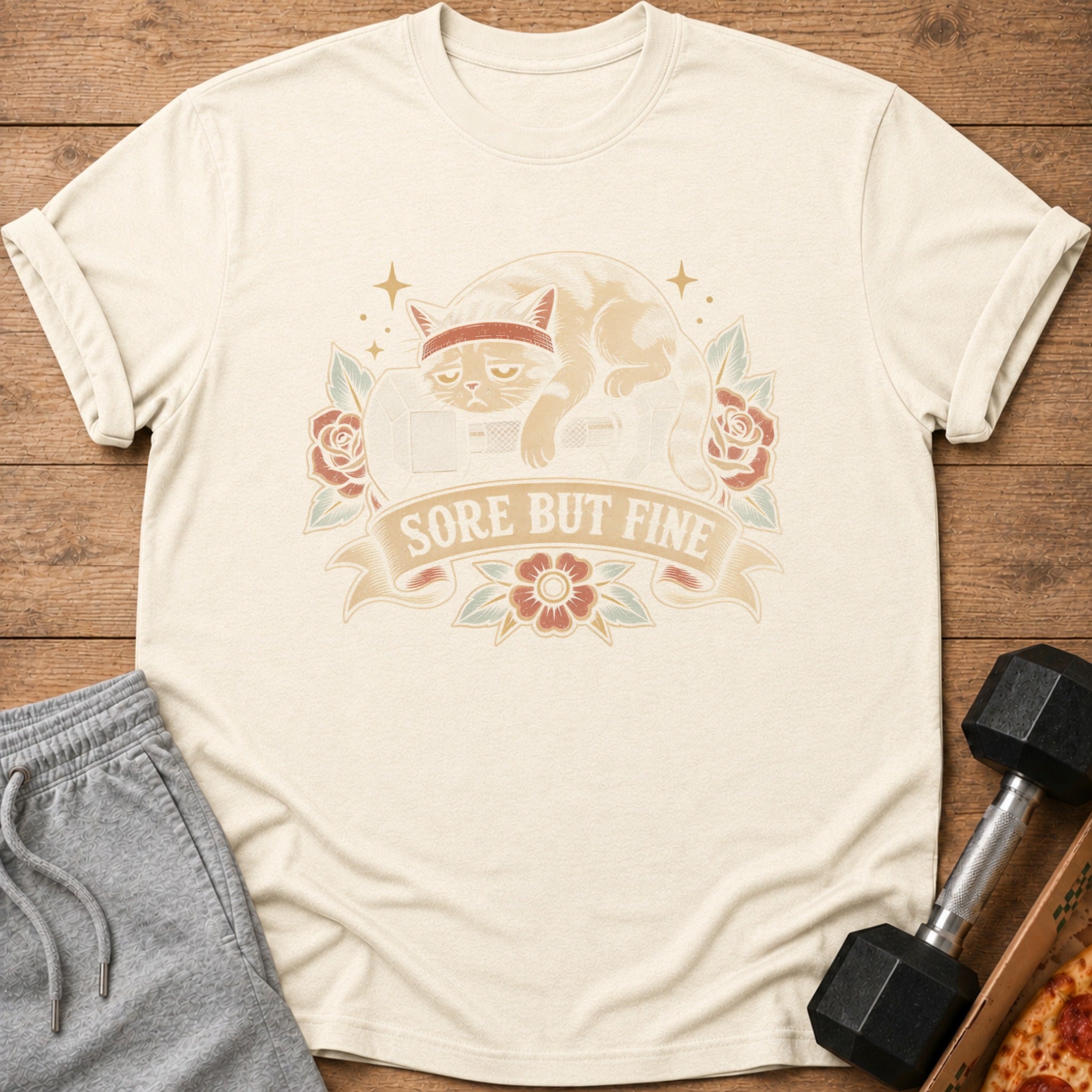 Cream t-shirt with a distressed graphic of a tired cat on a weight bench, text reads "Sore But Fine."