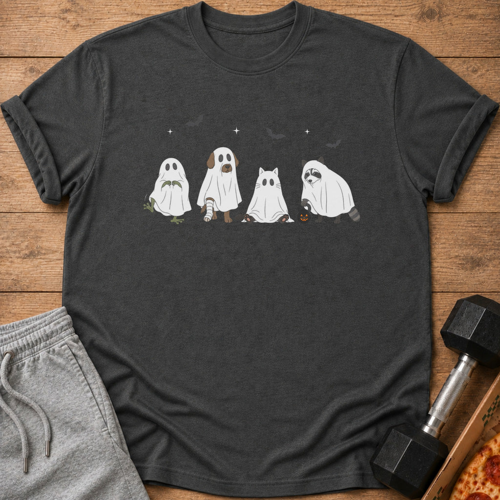 Dark grey t-shirt with cartoon ghosts of animals and Halloween motifs.