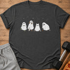 Dark grey t-shirt with cartoon ghosts of animals and Halloween motifs.