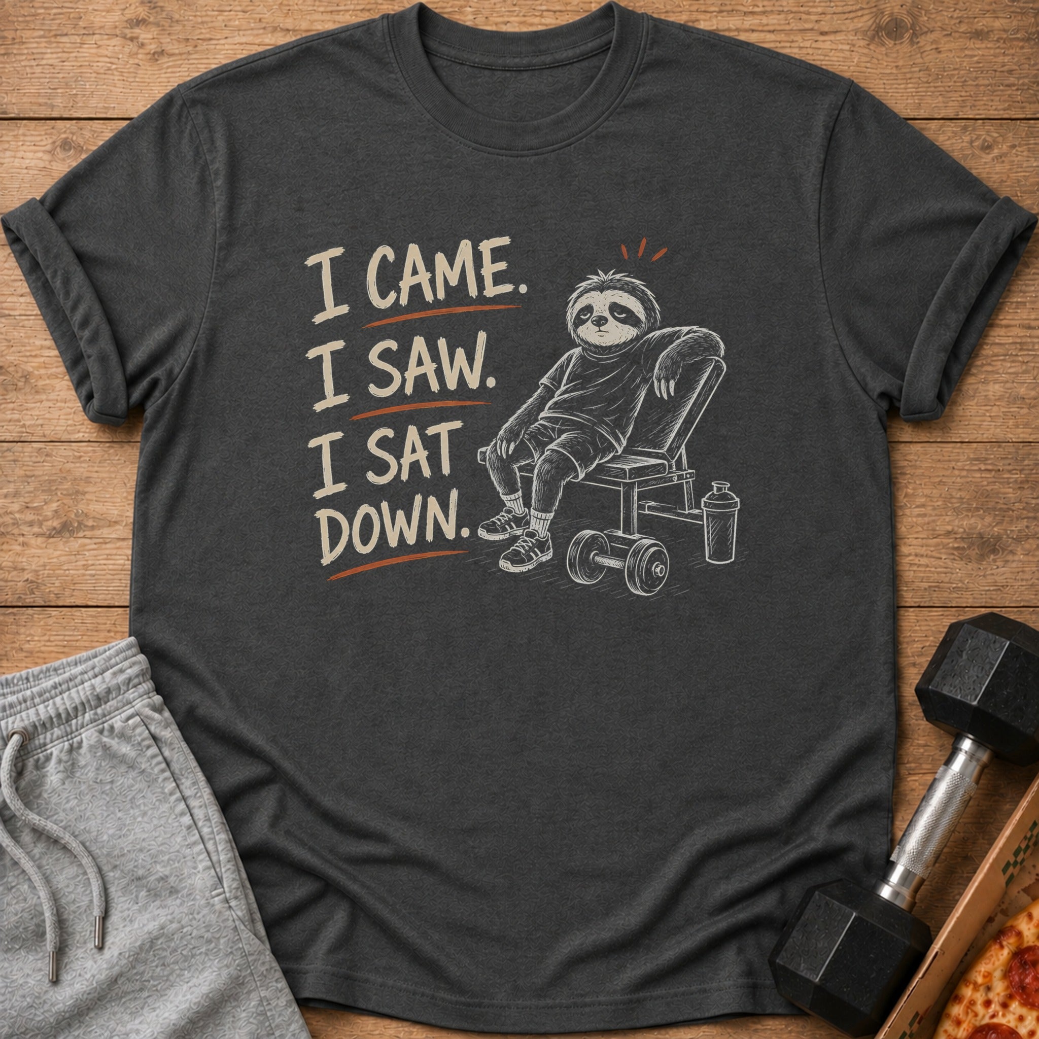 Dark grey t-shirt with a sloth on a weight bench and text "I CAME. I SAW. I SAT DOWN."