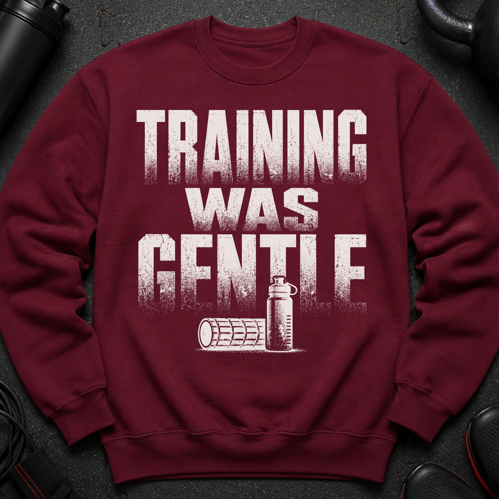 Maroon sweatshirt with distressed white text "TRAINING WAS GENTLE" and illustrations.