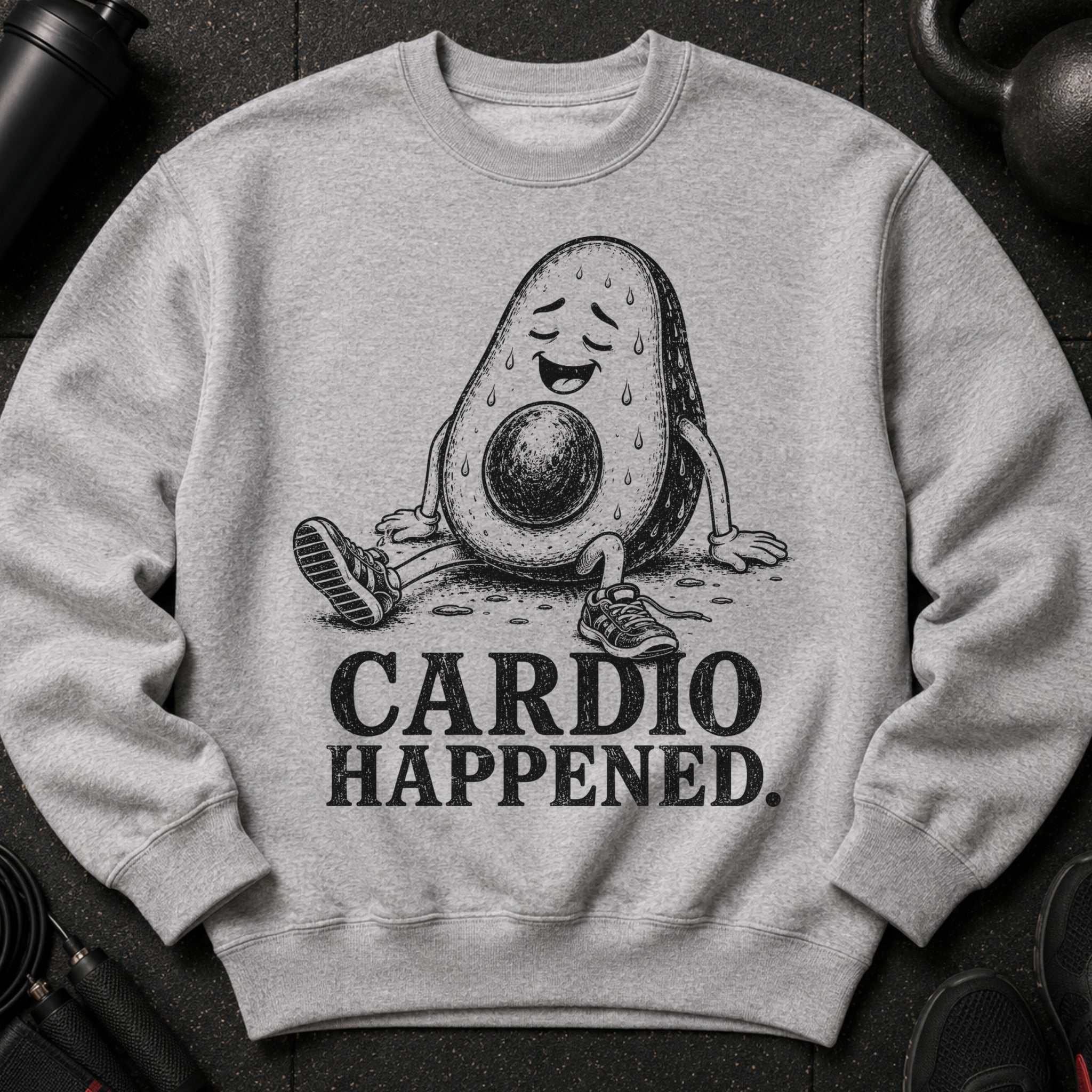 Grey sweatshirt with a cartoon avocado sitting and sweating, text "CARDIO HAPPENED."