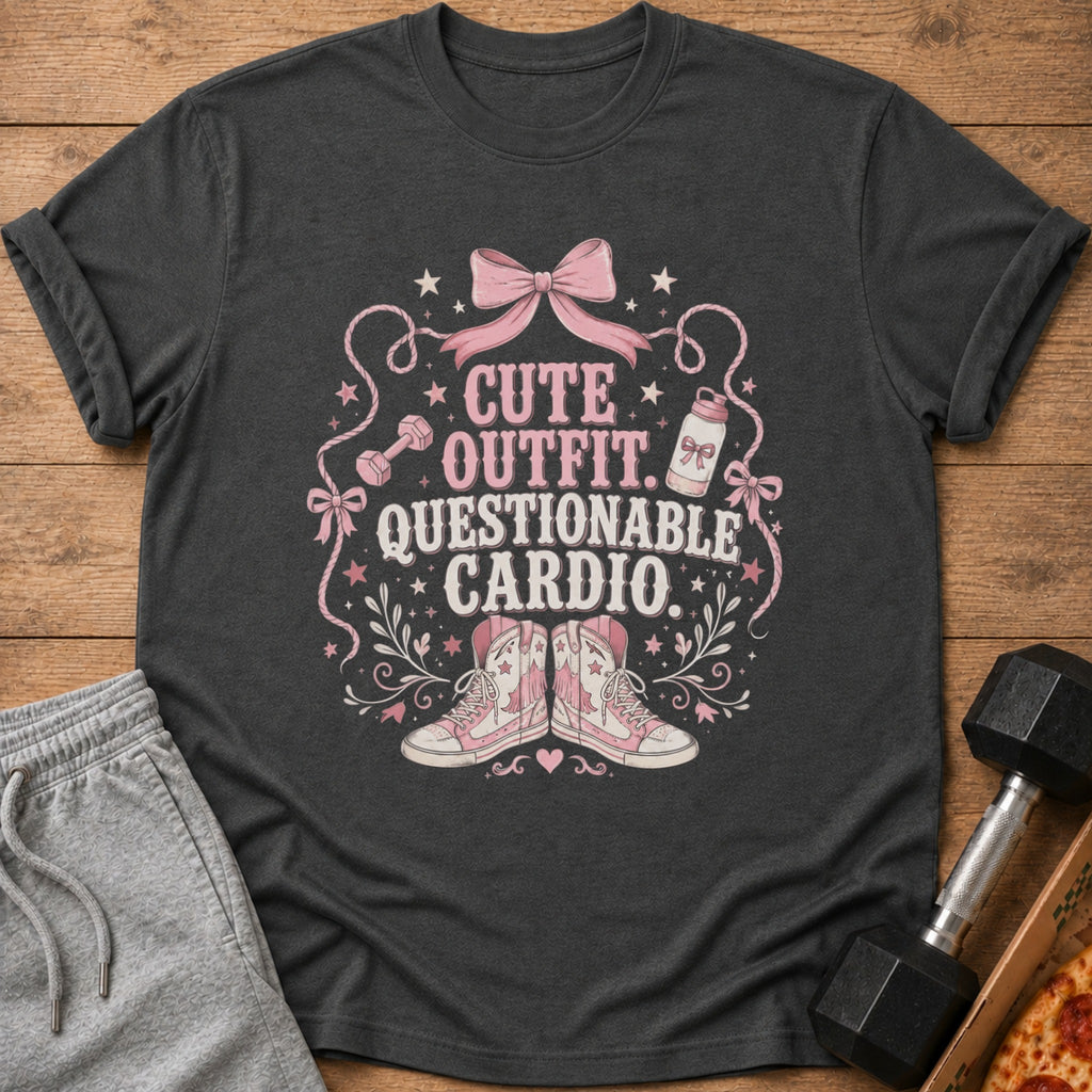Dark gray t-shirt with "CUTE OUTFIT. QUESTIONABLE CARDIO." text and gym graphics.