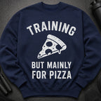 Navy sweatshirt with "TRAINING BUT MAINLY FOR PIZZA" and pizza slice graphic.