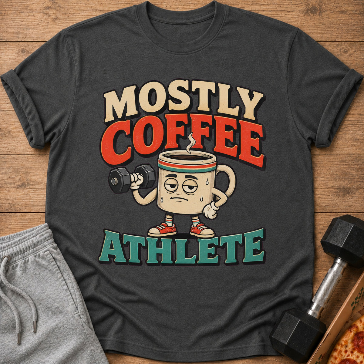 T-shirt with cartoon coffee mug lifting dumbbell, text says "Mostly Coffee Athlete".