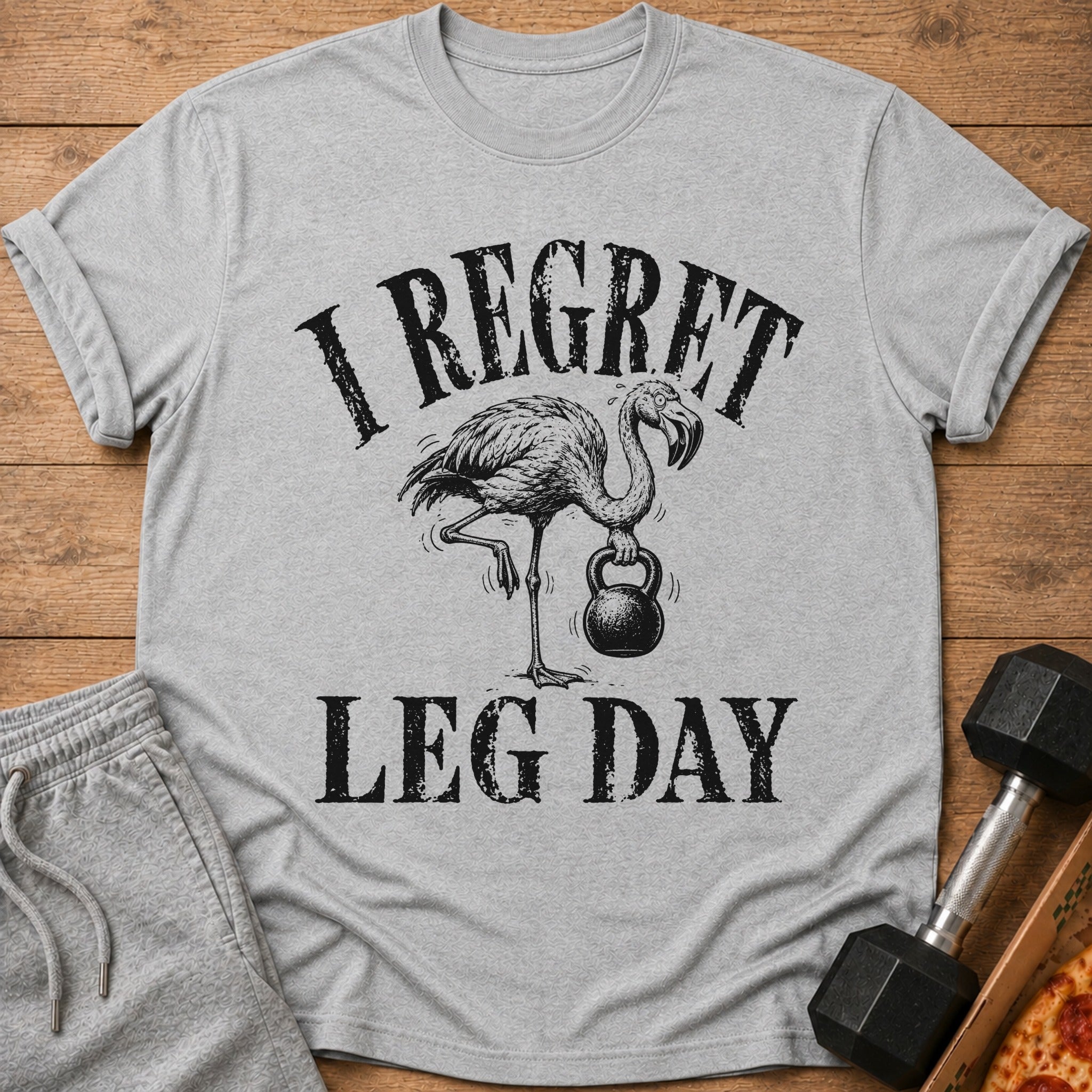 Grey t-shirt with flamingo holding kettlebell and text "I REGRET LEG DAY".