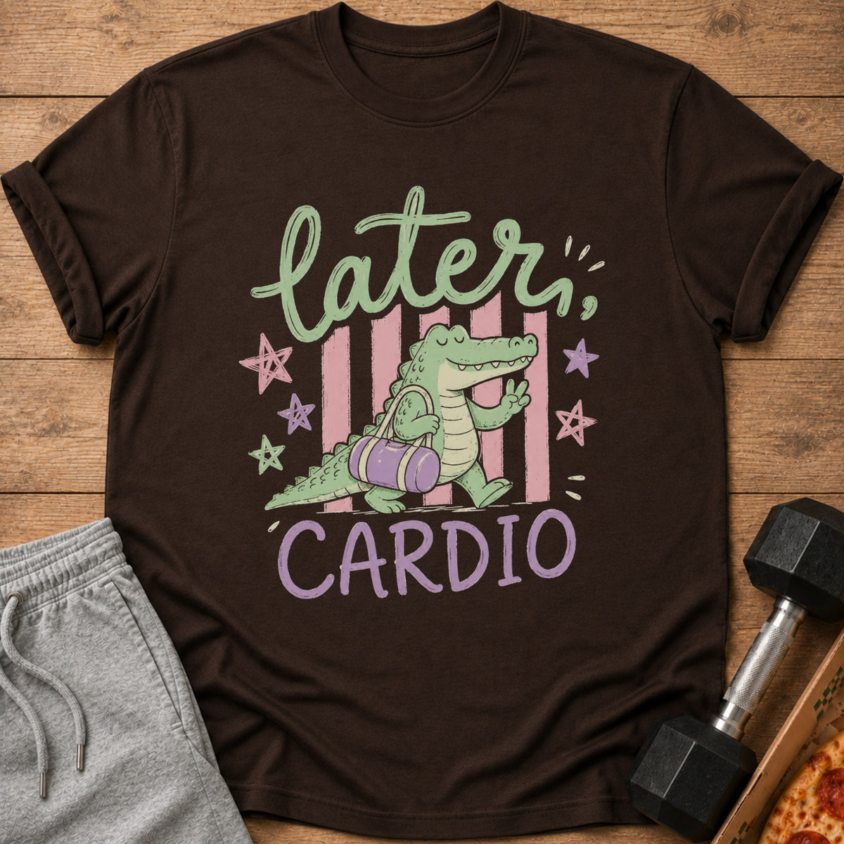 Brown t-shirt with cartoon alligator carrying gym bag, text "Later Cardio".