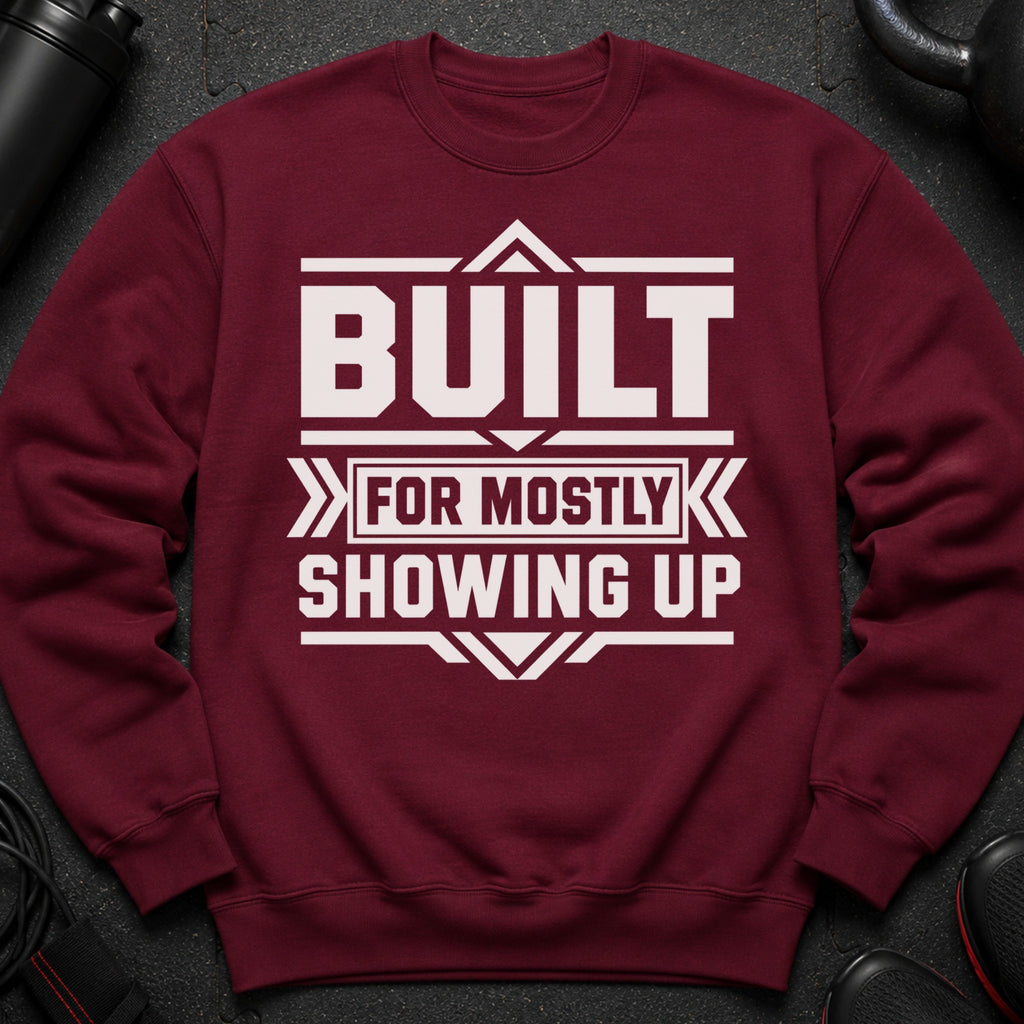 Maroon sweatshirt with white text "BUILT FOR MOSTLY SHOWING UP".