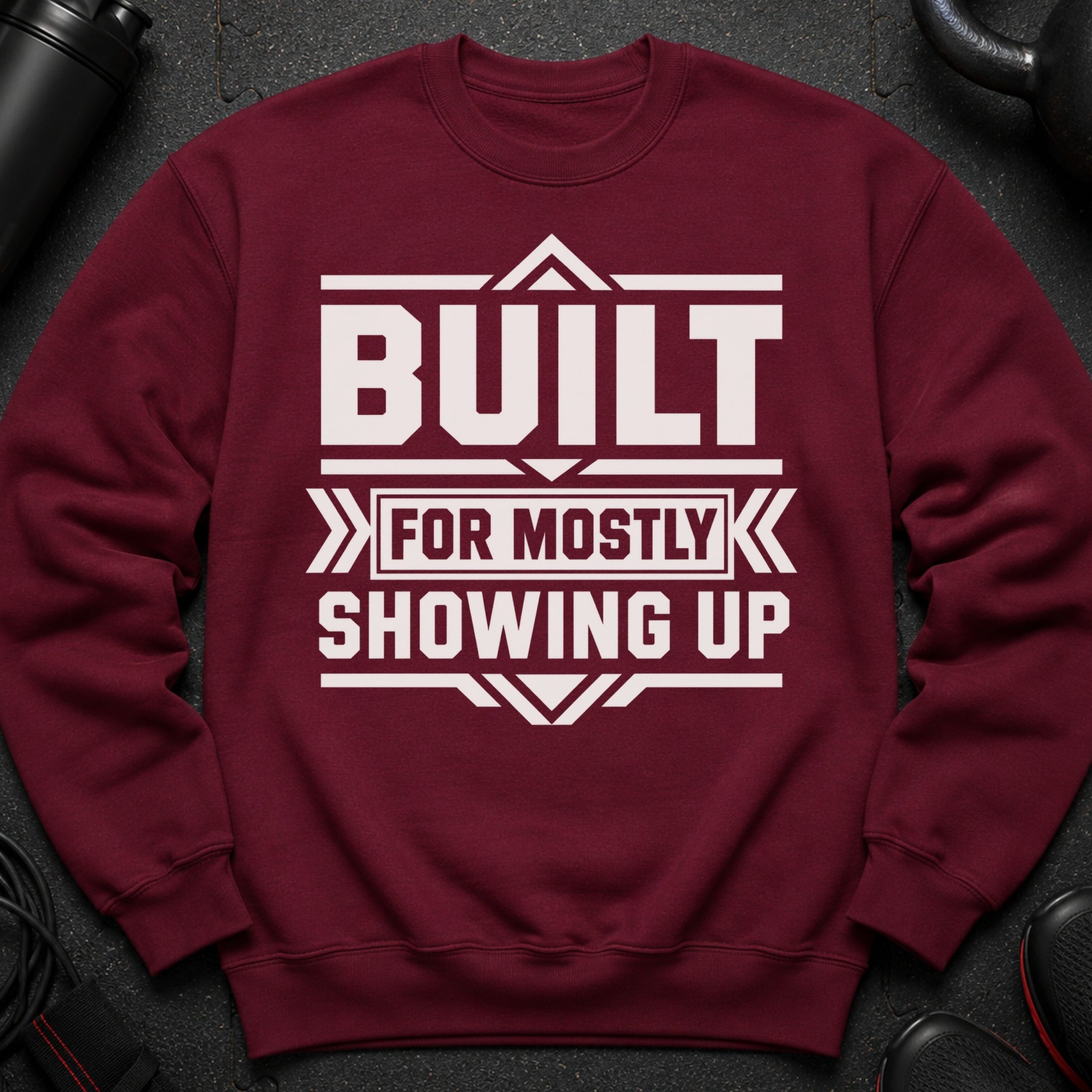 Maroon sweatshirt with white text "BUILT FOR MOSTLY SHOWING UP".