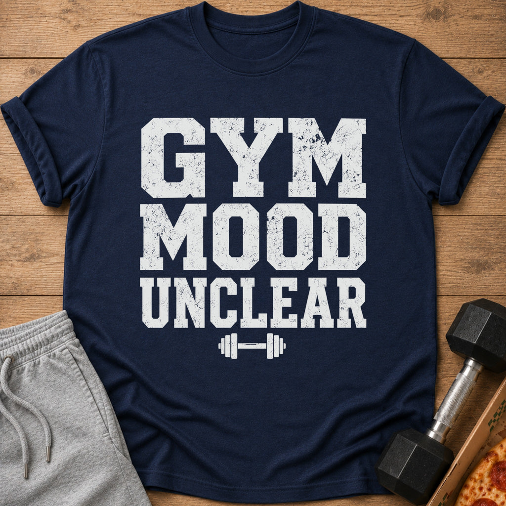 Navy t-shirt with distressed white text "GYM MOOD UNCLEAR" and a barbell graphic.