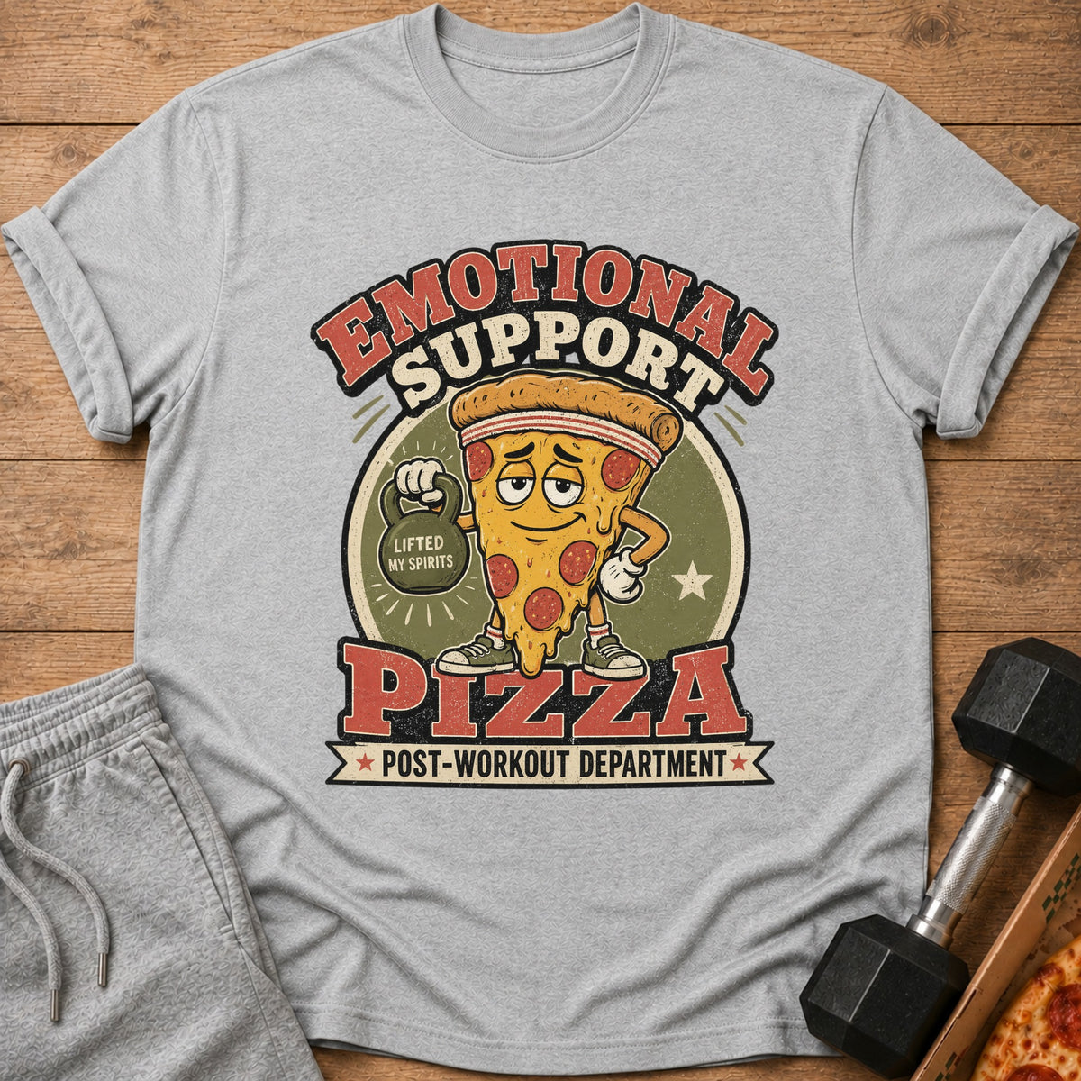 Grey t-shirt with cartoon pizza lifting weights, "Emotional Support Pizza" text.