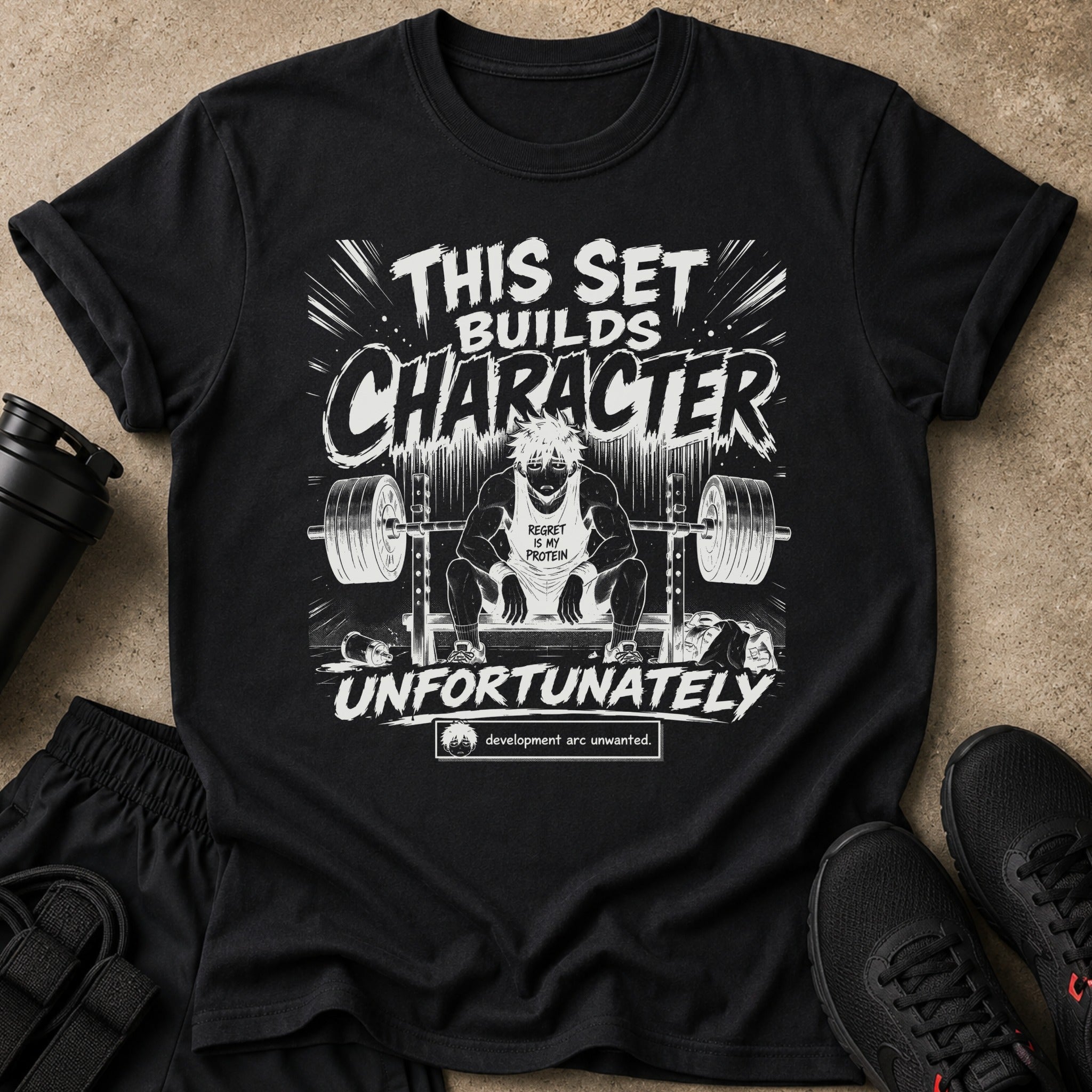 Black t-shirt with "This set builds character" and anime character lifting weights.