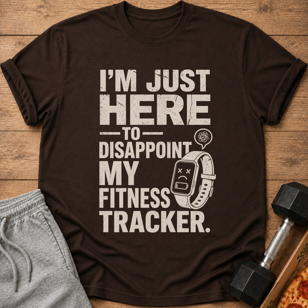 Brown t-shirt with distressed text "I'm just here to disappoint my fitness tracker."