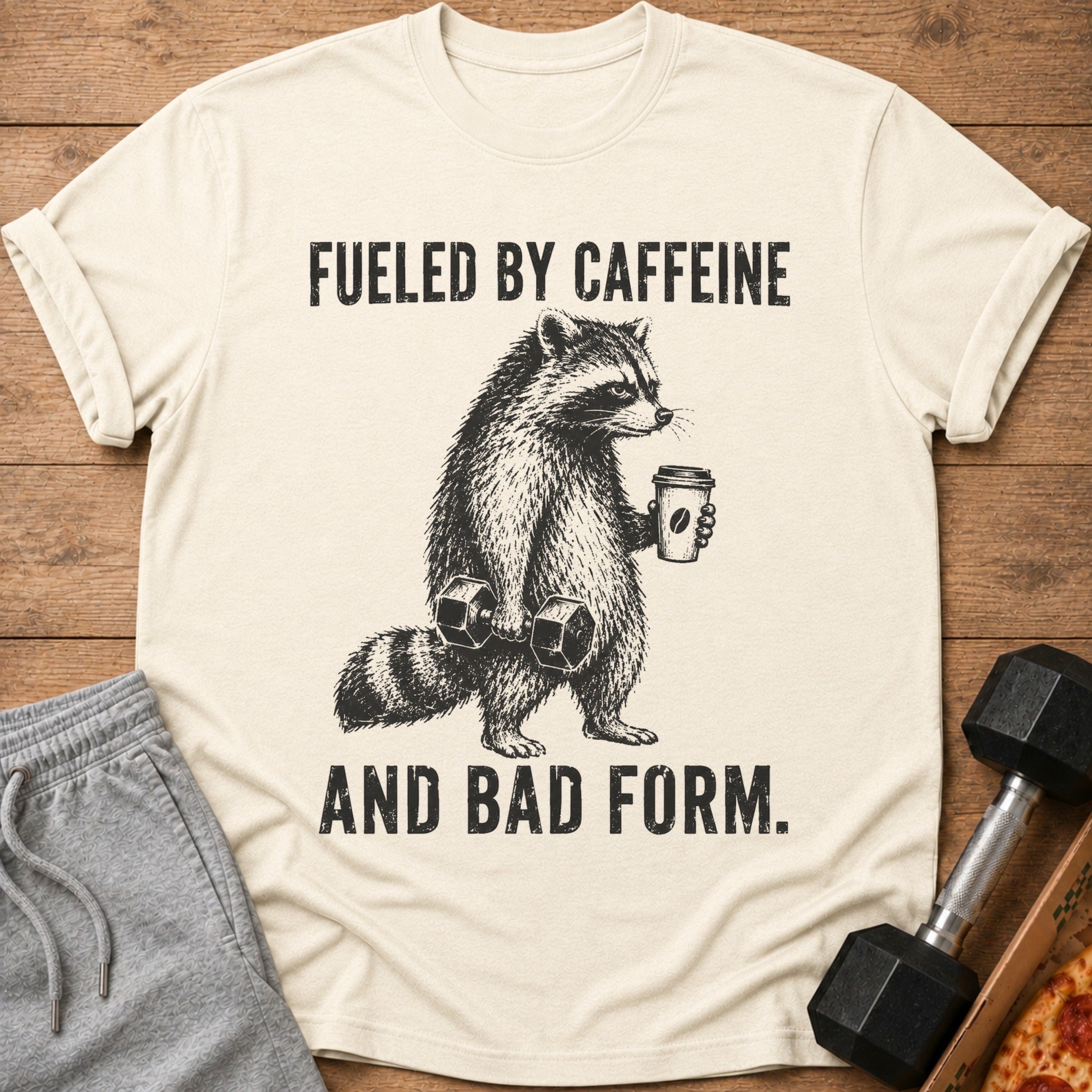 T-shirt graphic of a raccoon holding a dumbbell and coffee cup, text "Fueled by Caffeine and Bad Form."