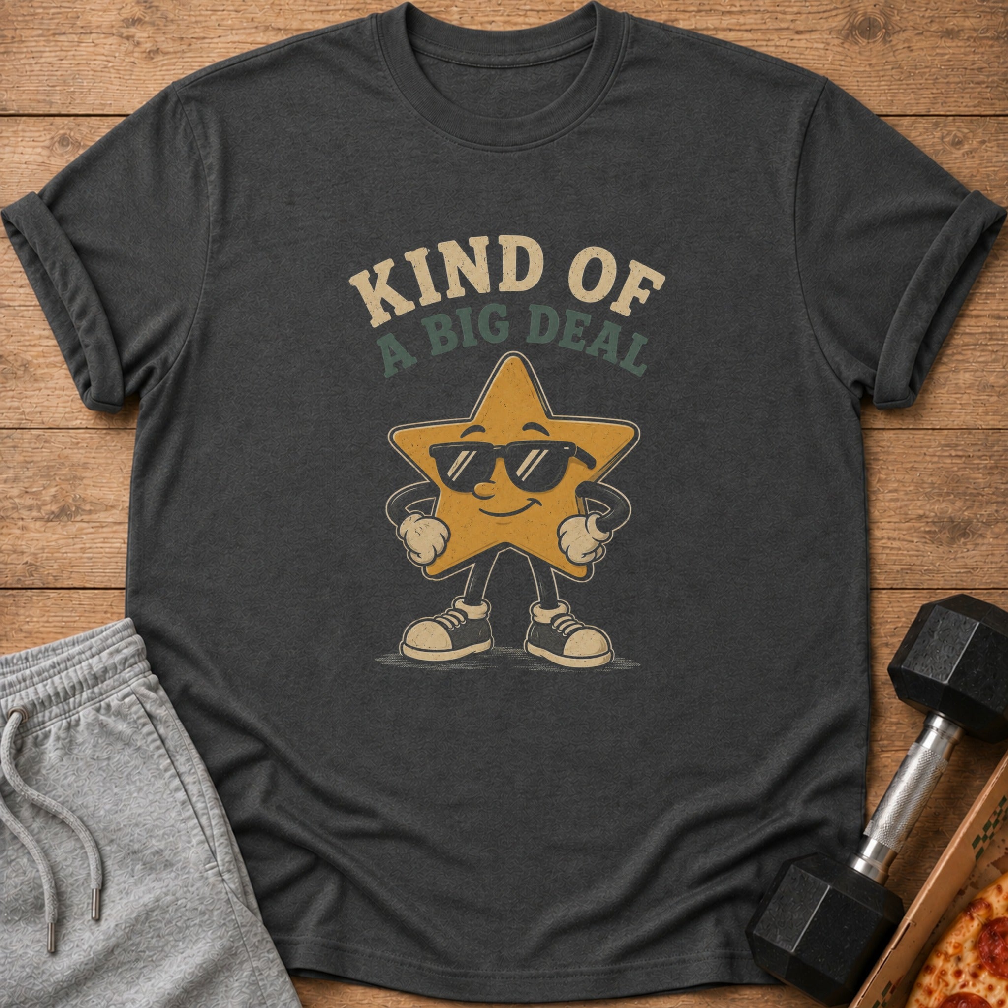 Dark gray t-shirt with a cartoon star wearing sunglasses and the text "Kind of a Big Deal."